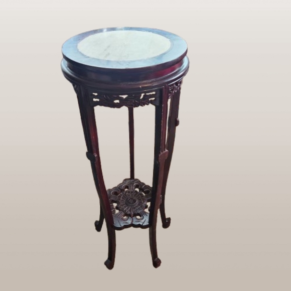 Vintage Other - Vintage Rosewood Carved Marble Top 33" Plant Stand Planter Dark Wood Cherry 50s